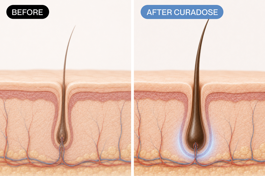 Reverses thinning at the root — not surface
